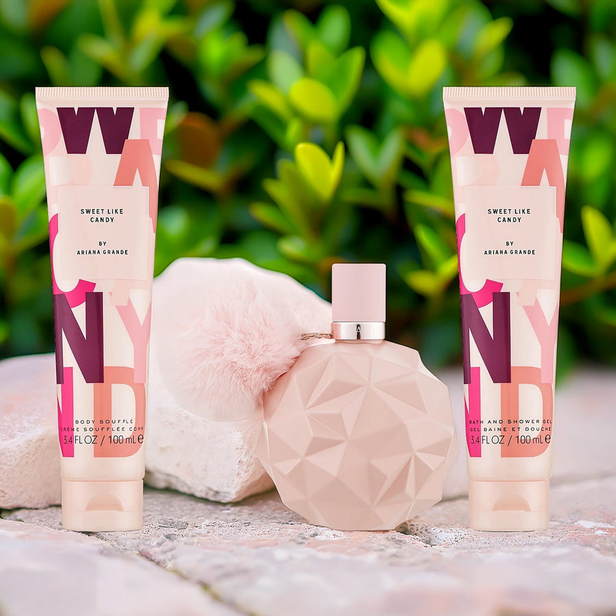Ariana Grande Sweet Like Candy 3 Pcs Set For Women: 3.4 Eau De Parfum Spray + 3.4 Bath And Shower Gel + 3.4 Body Souffle