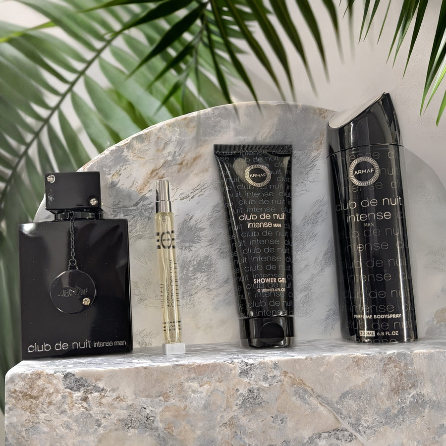 Armaf Club De Nuit Intense 4 Pcs Set For Men: 3.6 Eau De Toilette Spray + 0.34 Eau De Toilette Spray + 3.4 Shower Gel + 6.8 Body Spray