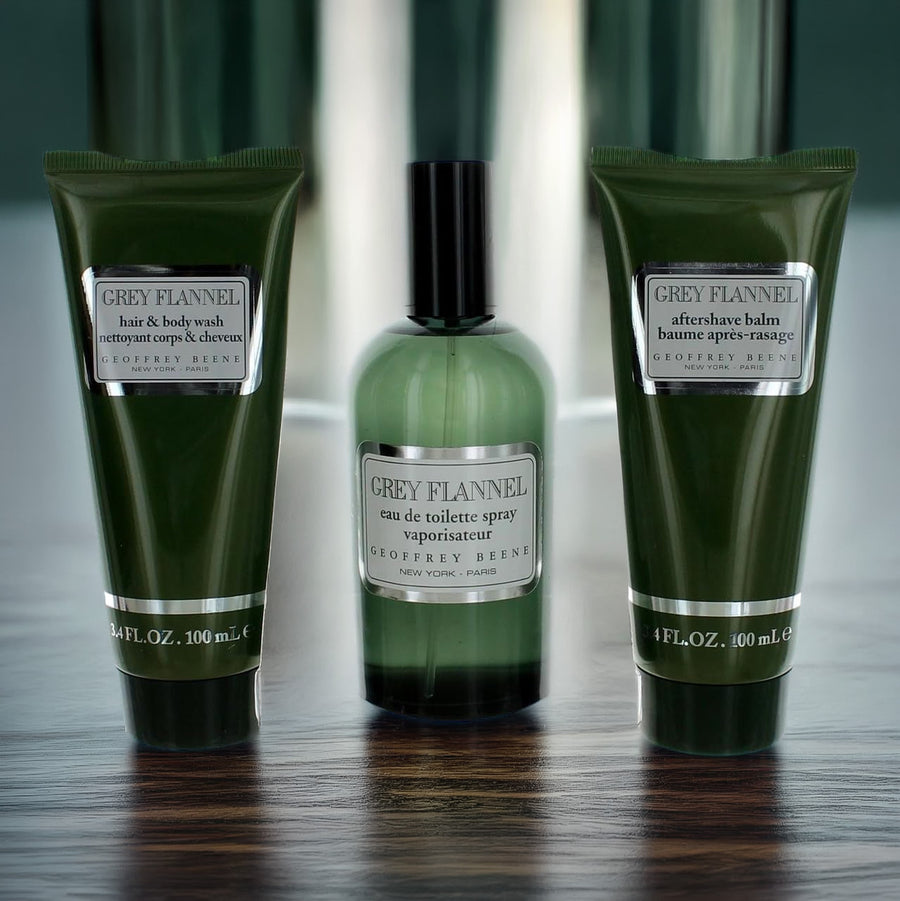 Geoffrey Beene Grey Flannel 3 Pcs Set: 4 OZ Eau De Toilette Spray + 3.4 After Shave Balm + 3.4 Hair & Body Wash