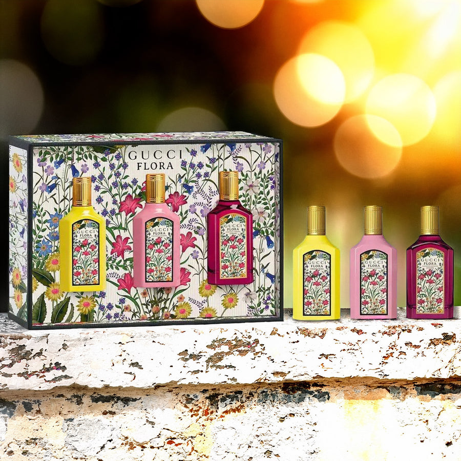 Gucci Flora 3 * 5 ML Eau De Parfum Mini Set For Women: Gorgeous Gardenia + Gorgeous Orchid + Gorgeous Gardenia Intense