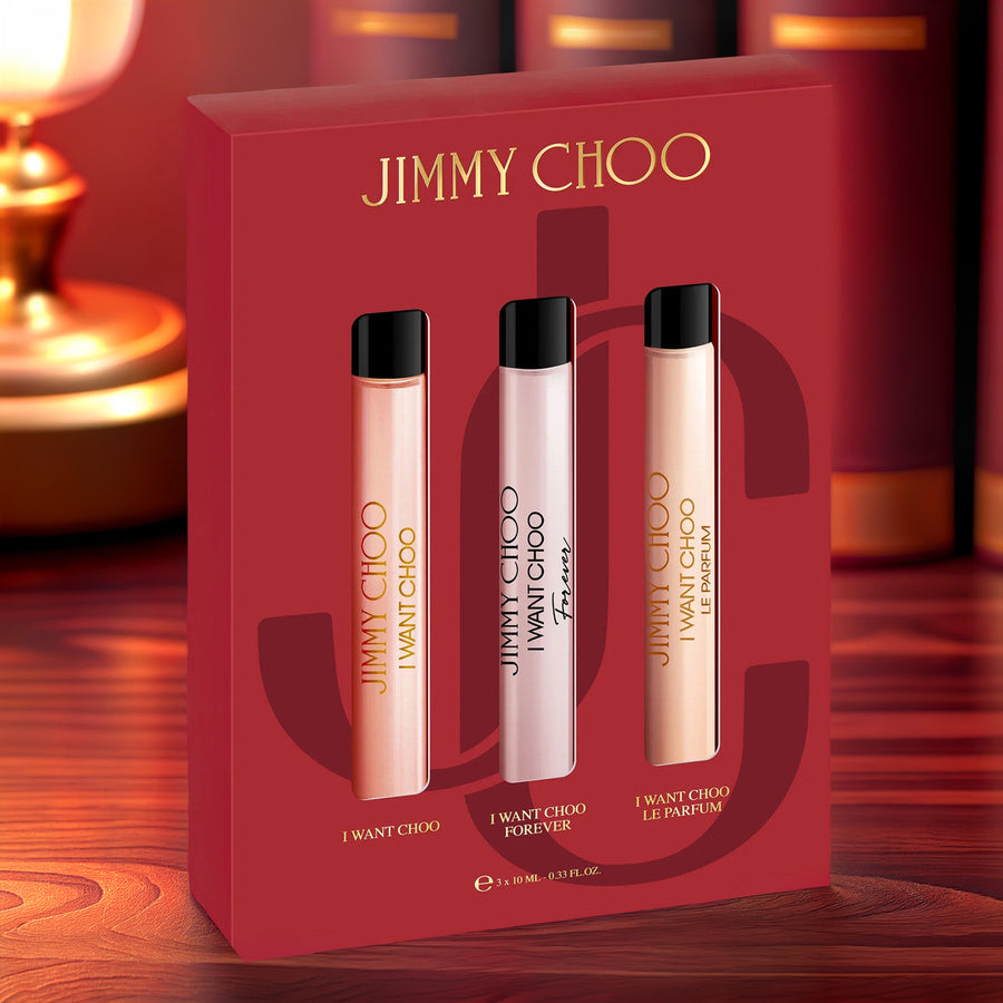 Jimmy Choo 3 Pcs Mini Set For Women: I Want Choo 0.33 OZ Eau De Parfum Spray + I Want Choo Forever 0.33 OZ Eau De Parfum Spray + I Want Choo Le Parfum 0.33 OZ Parfum Spray