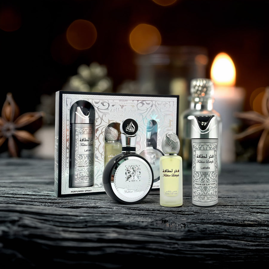 Lattafa Fakhar 3 Pcs Set For Men: 3.4 Eau De Parfum Spray + 6.7 Perfumed Body Spray + 1.7 Hair Mist