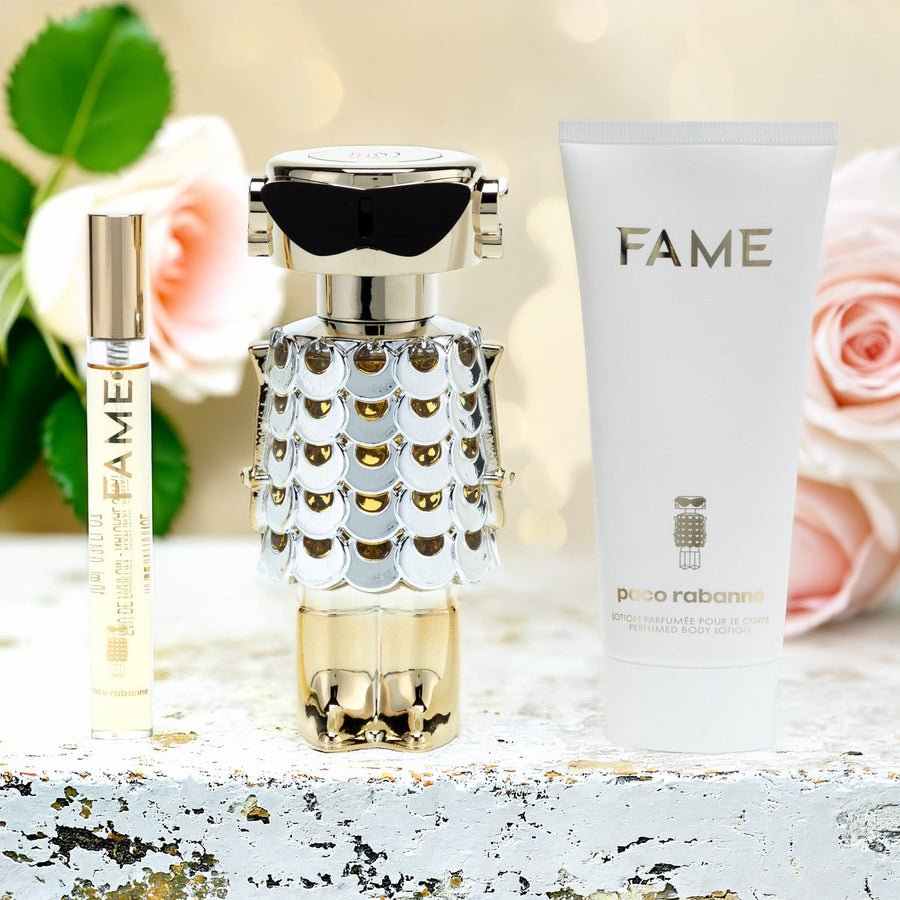 Paco Rabanne Fame 3 Pcs Set For Women: 2.7 Eau De Parfum Spray + 0.33 Eau De Parfum Spray + 3.4 Body Lotion
