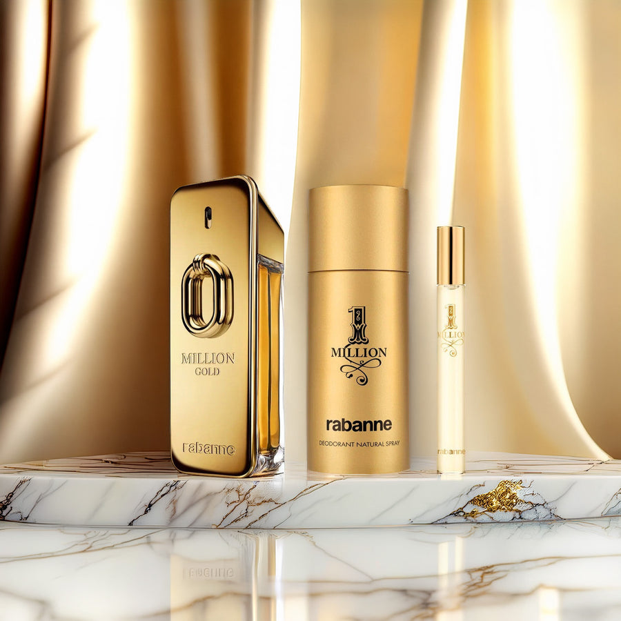 Paco Rabanne Million Gold 3 Pcs Set For Men: 3.4 Eau De Parfum Spray Intense + One Million 5.1 Deodorant Spray + One Million 0.34 Eau De Toilette Spray