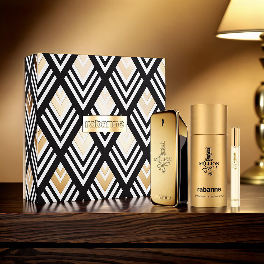 Paco Rabanne One Million 3 Pcs Set For Men: 3.4 Eau De Toilette Spray + 5.1 Deodorant Spray + 0.34 Eau De Toilette Spray