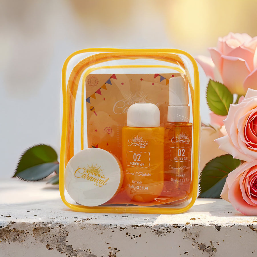 Amour De Carnaval 02 Golden Sun 4 Set: Body Mist + Body Lotion + Body Wash + Cosmetic Bag For Women 3 oz Body Spray