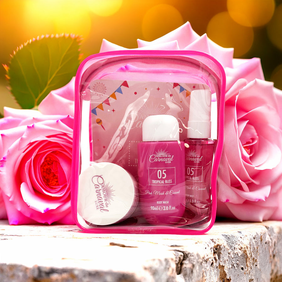 Amour De Carnaval 05 Tropical Bliss 4 Set: Body Mist + Body Lotion + Body Wash + Cosmetic Bag For Women 3 oz Body Spray