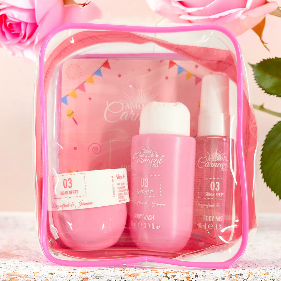 Amour De Carnaval 03 Sugar Berry 4 Set: Body Mist + Body Lotion + Body Wash + Cosmetic Bag For Women 3 oz Body Spray