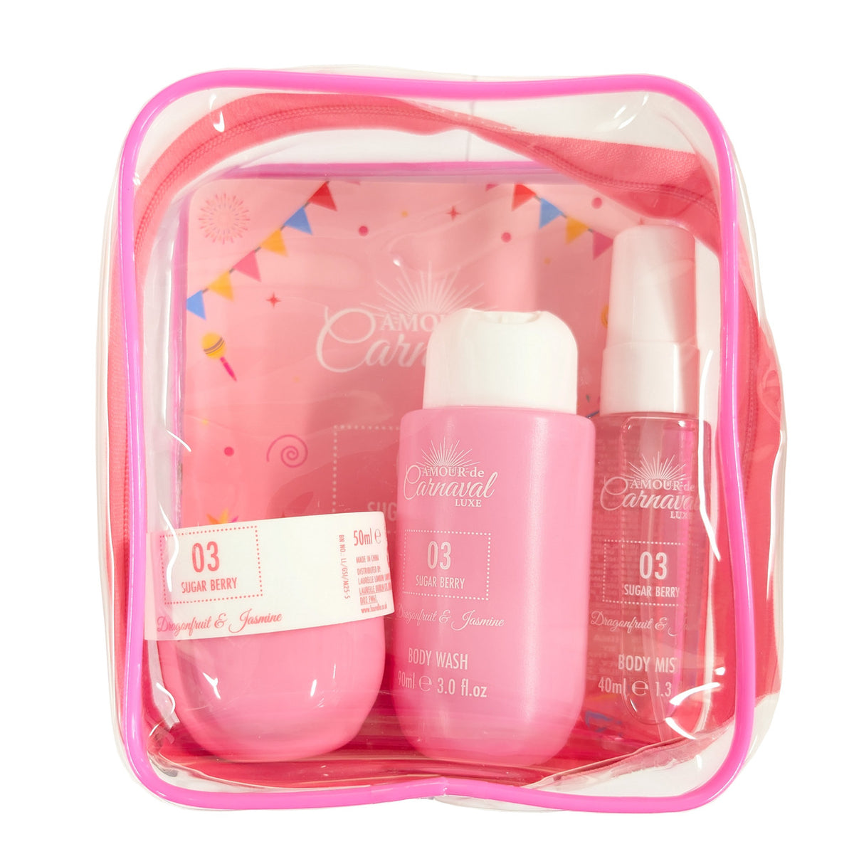 Amour De Carnaval 03 Sugar Berry 4 Set: Body Mist + Body Lotion + Body Wash + Cosmetic Bag For Women 3 oz Body Spray