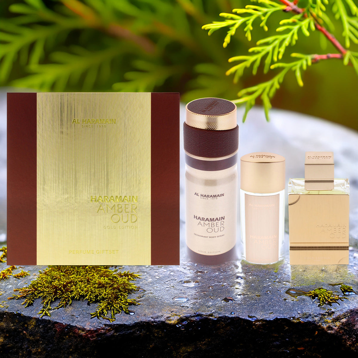 Al Haramain Amber Oud Gold Edition 3 Piece Set: 2.5 oz Eau de Parfum + 1 oz Eau de Parfum + 6.6 oz Body Spray
