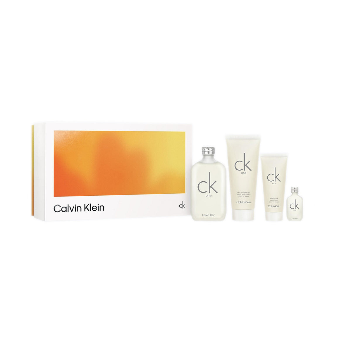 Calvin Klein Ck One 4 Pcs Set: 6.7 Eau De Toilette Spray + 6.7 Skin Moisturizer Lotion + 3.3 Body Wash + 15 ML Eau De Toilette Mini