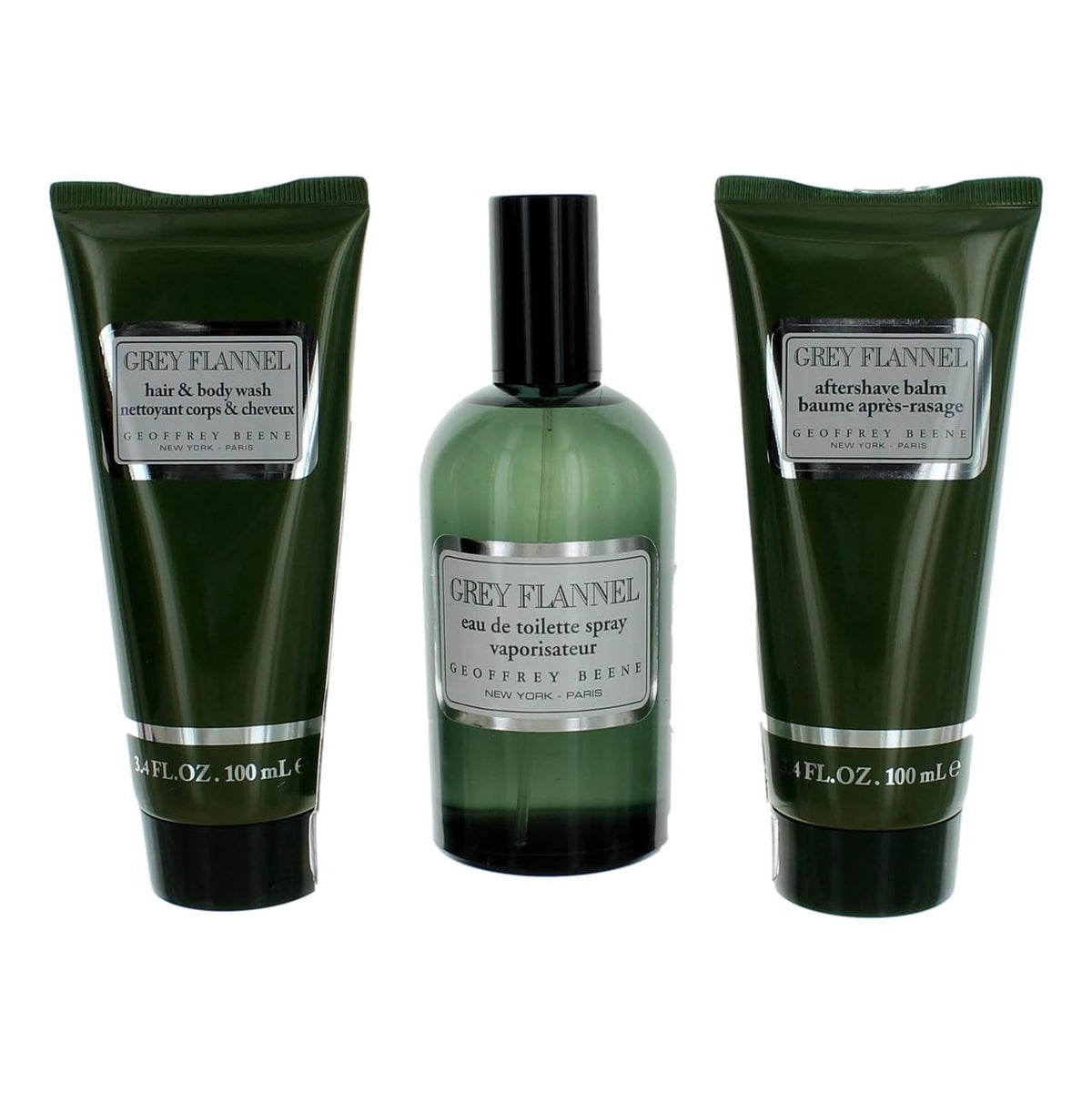 Geoffrey Beene Grey Flannel 3 Pcs Set: 4 OZ Eau De Toilette Spray + 3.4 After Shave Balm + 3.4 Hair & Body Wash