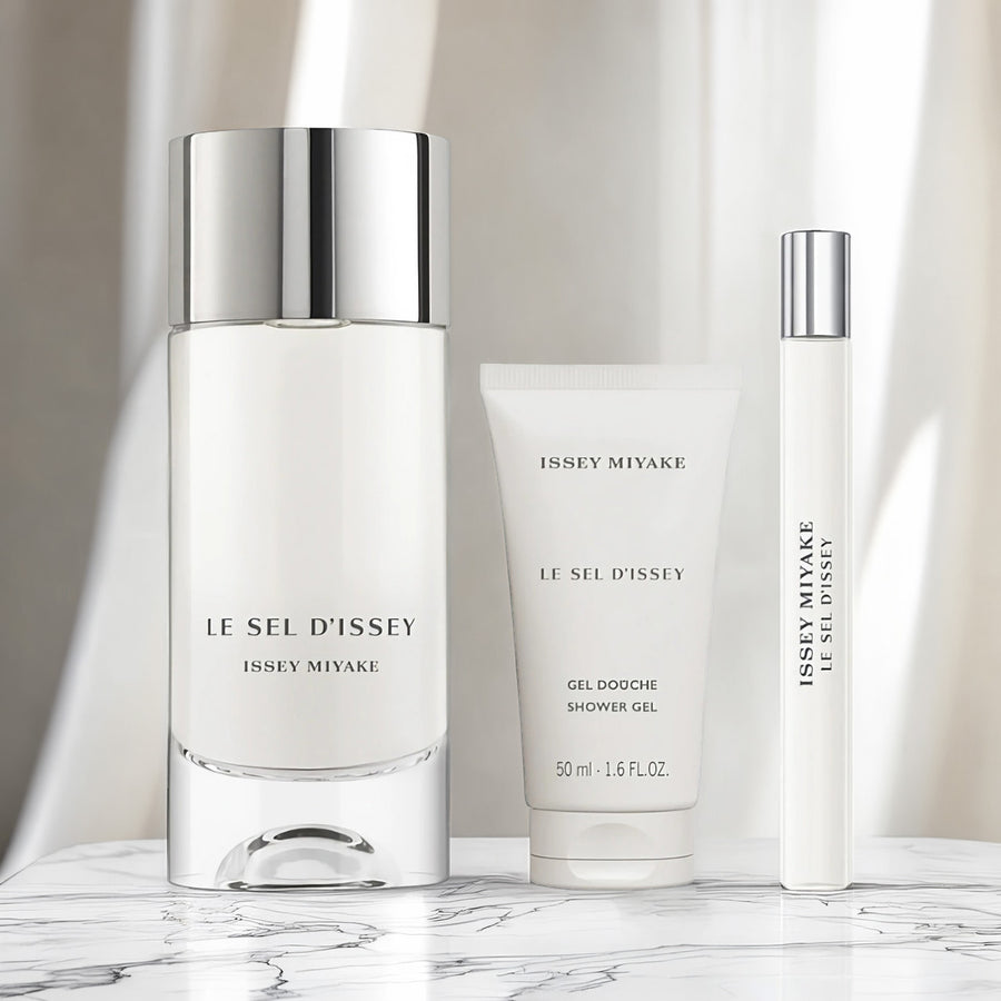 Issey Miyake Le Sel d’Issey 3 Piece Set: 3.3 oz Eau de Toilette + 1.6 oz Shower Gel + 0.33 oz Eau de Toilette For Men