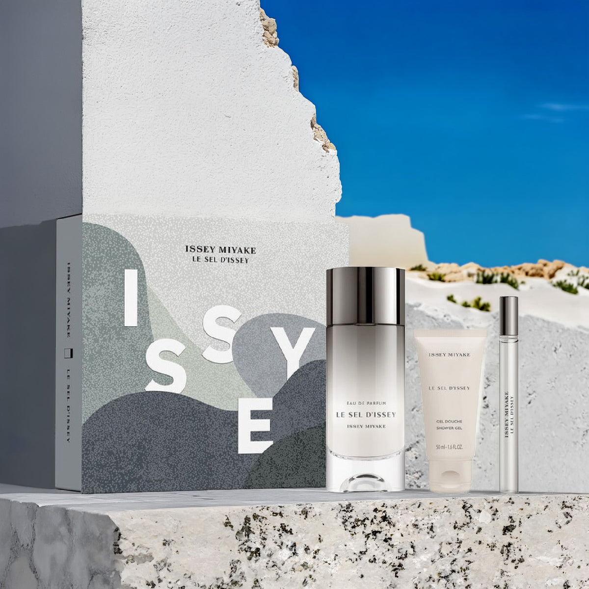 Issey Miyake Le Sel d’Issey 3 Piece Set: 3.3 oz Eau de Parfum + 1.6 oz Shower Gel + 0.33 oz Travel Spray For Men