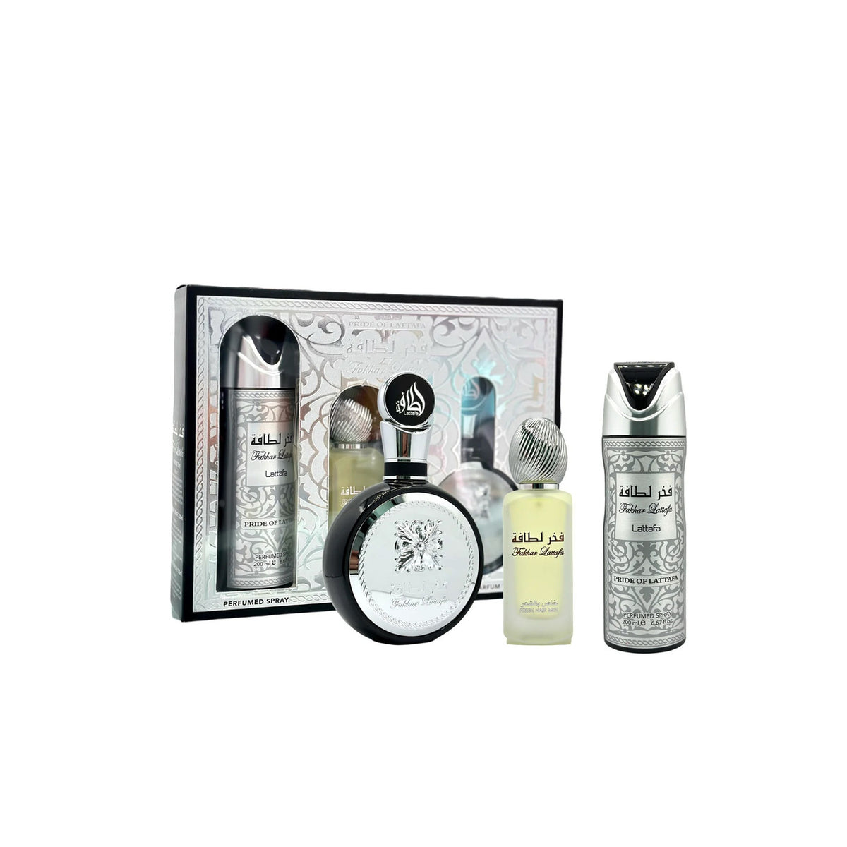 Lattafa Fakhar 3 Pcs Set For Men: 3.4 Eau De Parfum Spray + 6.7 Perfumed Body Spray + 1.7 Hair Mist