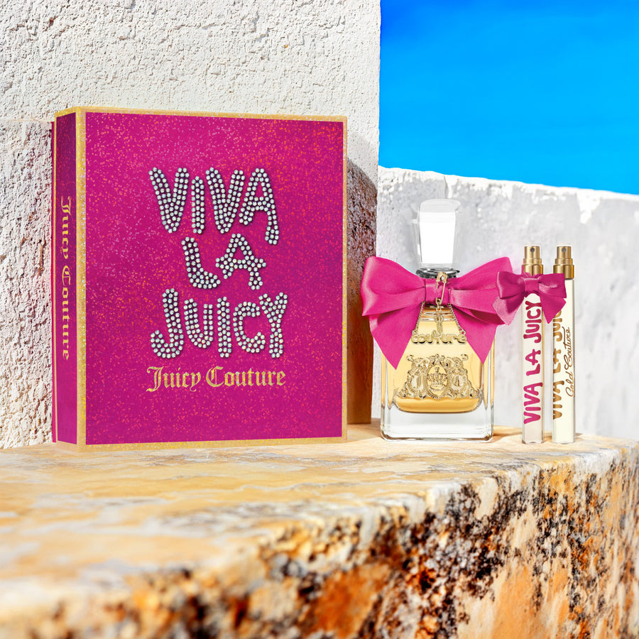 Juicy Couture Viva La Juicy 3 Piece Set: 3.4 oz Eau de Parfum + 0.33 oz Eau de Parfum + 0.33 oz Gold Couture Eau de Parfum For Women