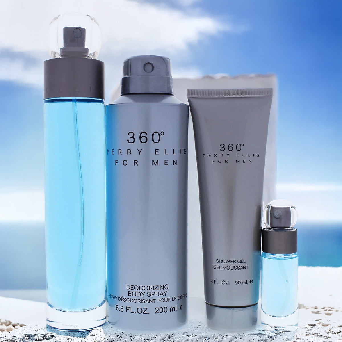 Perry Ellis 360 4 Piece Set: 3.4 oz Eau de Toilette + 6 oz Body Spray + 3 oz Shower Gel + 0.25 oz Eau de Toilette For Men