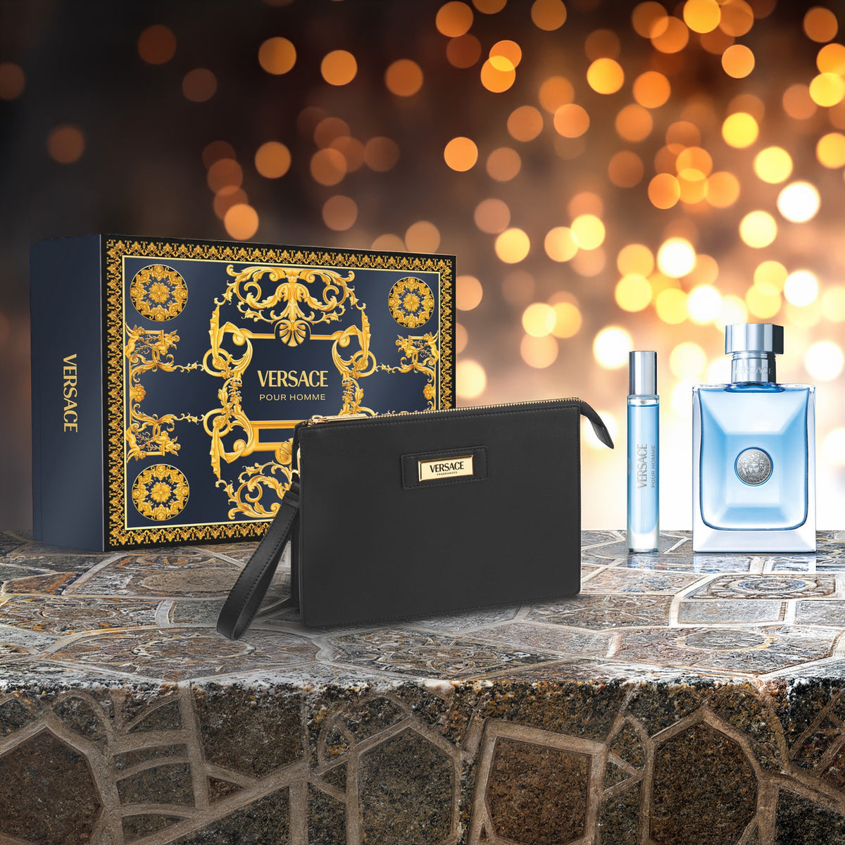 Versace Pour Homme 3 Piece Set: 3.4 oz Eau de Toilette + 0.34 oz Eau de Toilette + Pouch For Men