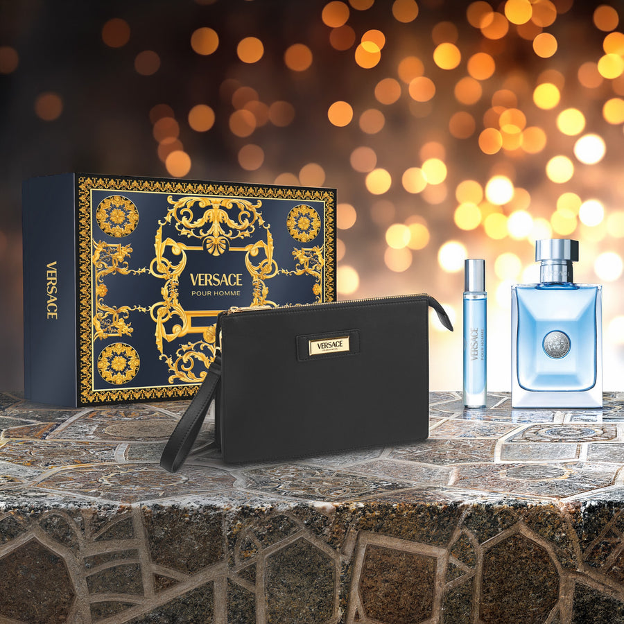 Versace Pour Homme 3 Piece Set: 3.4 oz Eau de Toilette + 0.34 oz Eau de Toilette + Pouch For Men