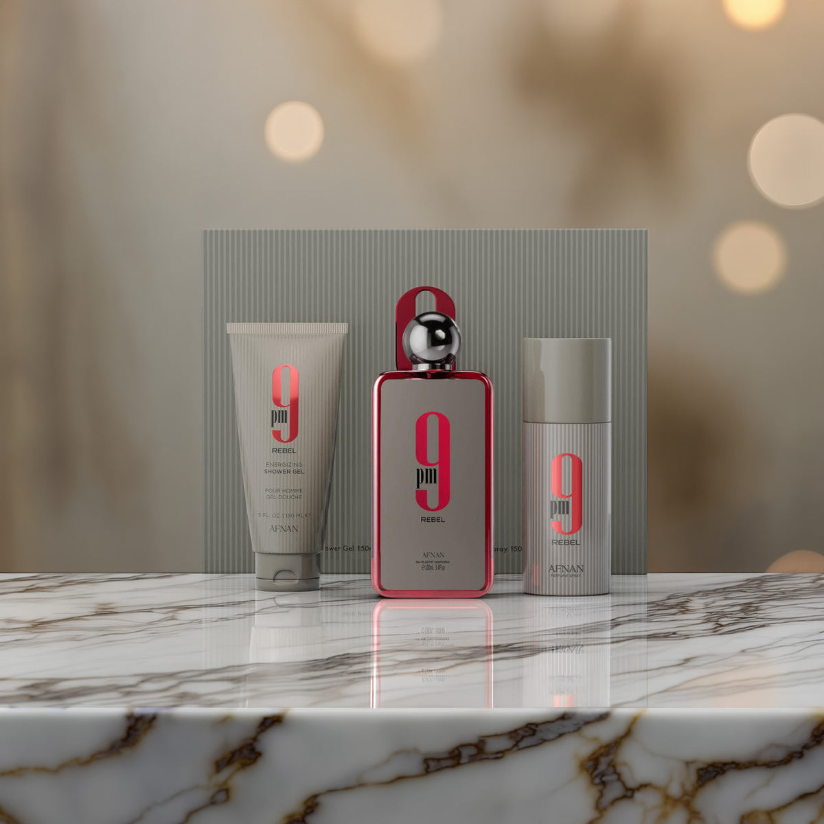 Afnan 9 Pm Rebel 3 Pcs Set For Men: 3.4 Eau De Parfum Spray + 5 OZ Shower Gel + 5 OZ Perfume Spray