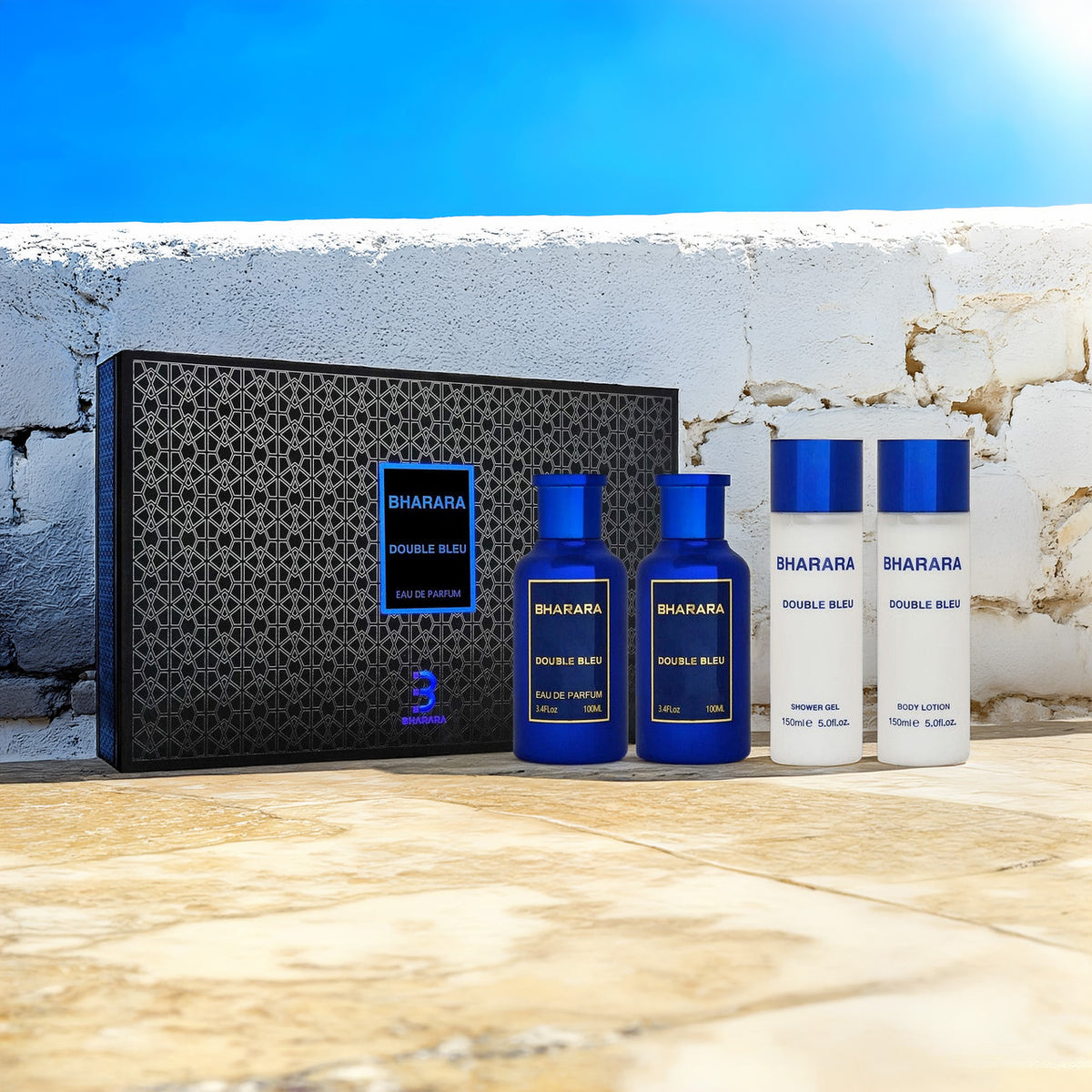 Bharara Double Bleu 4 Pcs Set For Men: 3.4 Eau De Parfum + 5 OZ Body Lotion + 3.4 After Shave + 5 OZ Shower Gel