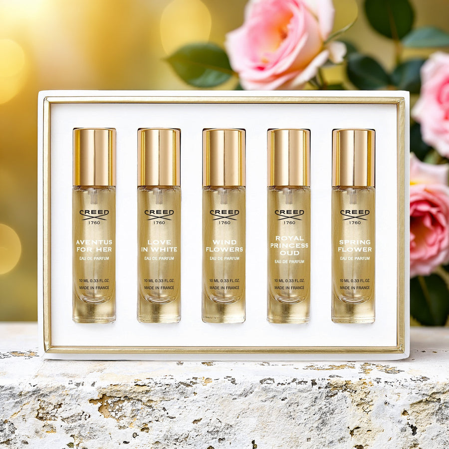 Creed 5 * 0.33 Eau De Parfum Spray Set For Women: Aventus For Her + Love In White + Wind Flowers + Royal Princess Oud + Spring Flower