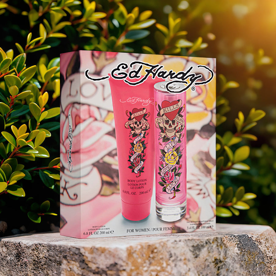 Ed Hardy 2 Pcs Set For Women: 3.4 Eau De Parfum Spray + 6.8 Body Lotion