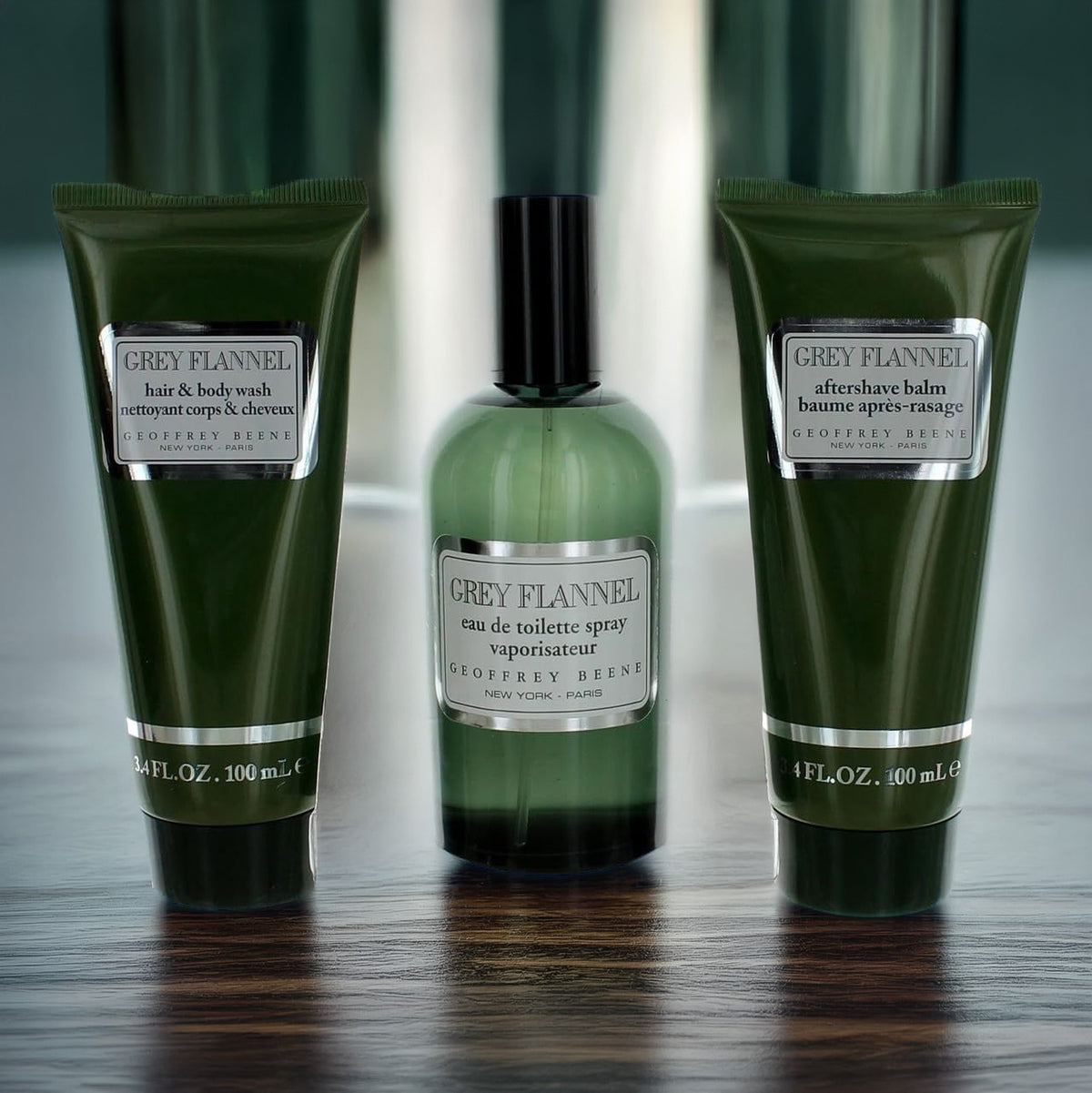 Geoffrey Beene Grey Flannel 3 Pcs Set: 4 OZ Eau De Toilette Spray + 3.4 After Shave Balm + 3.4 Hair & Body Wash