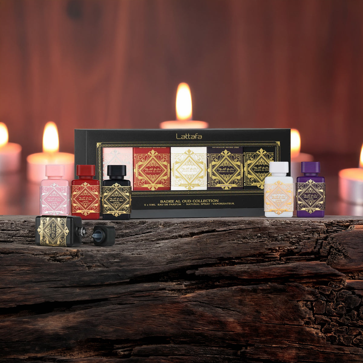Lattafa Bade'E Al Oud 5 * 5 ML Eau De Parfum Mini Set: Noble Blush + Sublime + Honor & Glory + Amethyst + Oud For Glory
