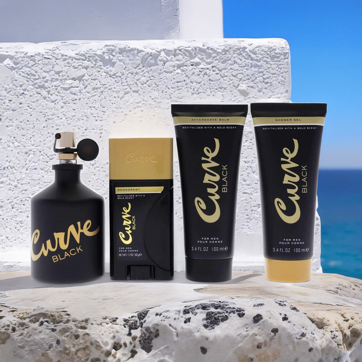 Curve Black 4 Pcs Set For Men: 4.2 Cologne Spray + 1.7 Deodorant Stick + 3.4 Shower Gel + 3.4 Aftershave Balm