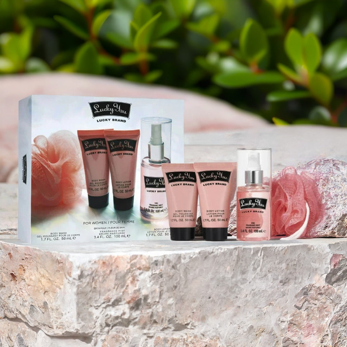 Lucky Brand Lucky You 4 Pcs Set For Women: 3.4 Fragrance Mist + 1.7 Body Lotion + 1.7 Body Wash + Loofah