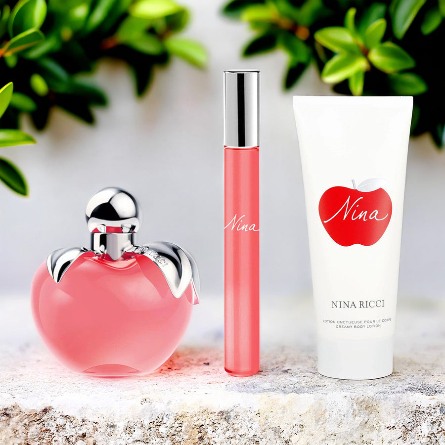 Nina Ricci Nina 3 Pcs Set For Women: 2.7 Eau De Toilette Spray + 0.34 Eau De Toilette Roll-On + 2.5 Body Lotion