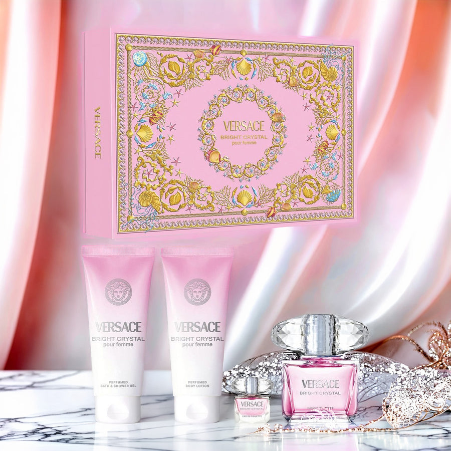 Versace Bright Crystal 4 Pcs Set: 3 OZ Eau De Toilette Spray + 5 ML Eau De Toilette Mini + 3.4 Body Lotion + 3.4 Bath & Shower Gel