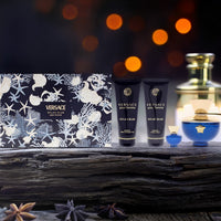 Versace Dylan Blue 4 Pcs Set For Women: 3.4 Eau De Parfum Spray + 5 ML Eau De Parfum Mini + 3.4 Body Lotion + 3.4 Bath & Shower Gel